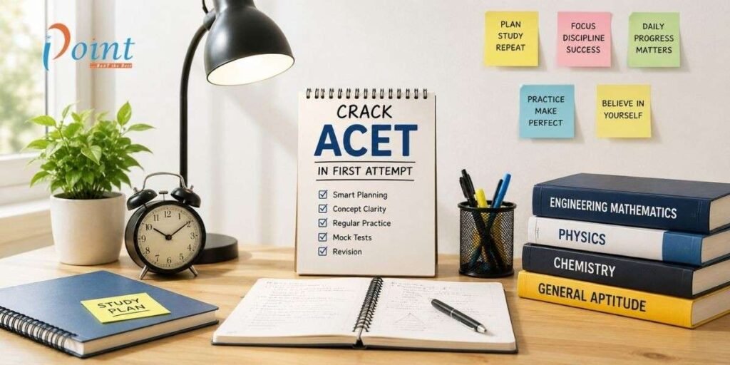 Student preparing for ACET exam with books, calculator, and study plan showing structured preparation strategy for Actuarial Common Entrance Test